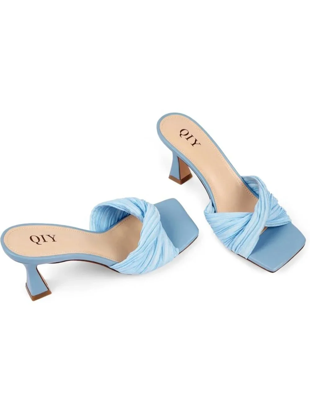 Women's Blue Summer Stylish Open Square Toe Casual Slip-On Kitten Heeled Sandals
